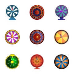 Spin fortune wheel icon set. Cartoon set of 9 spin fortune wheel vector icons for web design isolated on white background