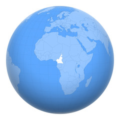 Cameroon on the globe. Earth centered at the location of the Republic of Cameroon. Map of Cameroon. Includes layer with capital cities.