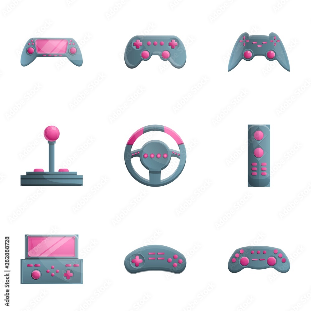 Poster videogame joystick icon set. cartoon set of 9 videogame joystick vector icons for web design isolate