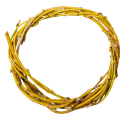 Wreath or circle frame from willow branches isolated on white background. osier twig, sallow wreath on white