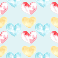 Illustration of a watercolor drawing seamless pattern of shapes of hearts on the background. Silhouettes of shapes of hearts on the background.