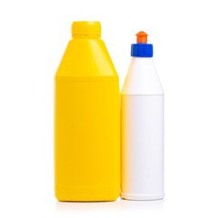 Yellow and white bottle industrial primer glue on white background isolation