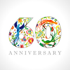 60 years old logotype. 60 th anniversary numbers. Decorative symbol. Age congrats with peacock birds. Isolated abstract graphic design template. Royal coloured digits. Up to 60% percent off discount.