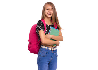 Beautiful student teen girl with backpack holding books, looking at camera. Portrait of cute smiling schoolgirl with bag, isolated on white background. Happy child Back to school. - 282892175