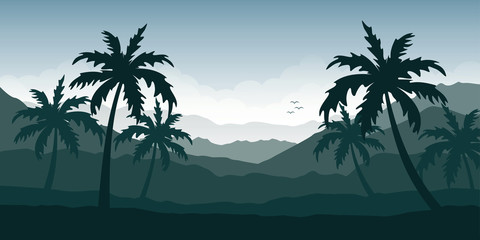 beautiful palm tree silhouette mountain landscape in green colors vector illustration EPS10