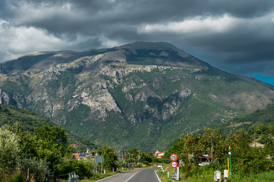 View of Mount Giano (Italy) where in the '30s the Italian Rangers planted some trees on the top of the mountain to write "DUX", a tribute for the fascist dictator Mussolini. 