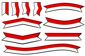 12 Simple Vector Flat Color Red and White Ribbon, Black Outline, For Indonesia Independence Day Celebration Element Design  