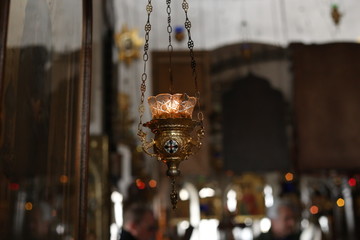 lamp hanging candle Orthodox church blurred background