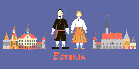 Illustrations of Estonian residents in national costumes with old city buildings and the inscription of Estonia.