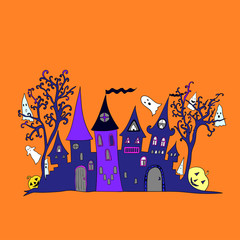 Happy halloween background with haunted house and cute ghosts. Vector illustration for advertisement, card, flyer, poster.