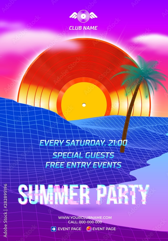 Poster beach party poster for clubbing dance event with 80s retro or synth wave style and palm trees