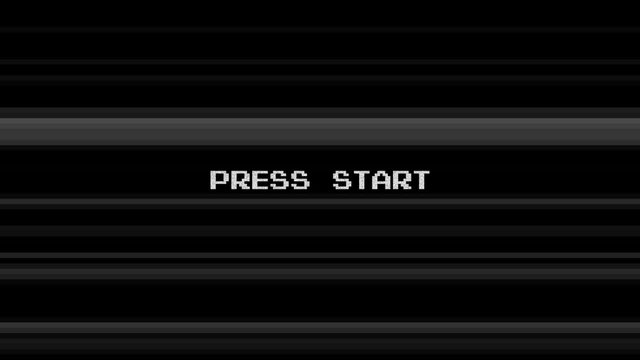 Start the game or some challenge, glitch effect. Black and white animated noise lines video glitches background with press start inscription. Text, call to action.