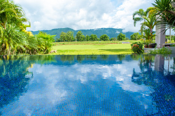 Fototapeta premium pool in modern house and mountain view
