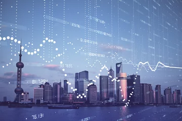Fototapeten Shanghai Data theme hologram drawing on city view with skyscrapers background double exposure. Technology concept.  © peshkova