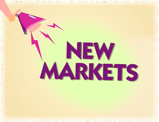 Word writing text New Markets. Business concept for Different commercial strategies reaching other fields showing.
