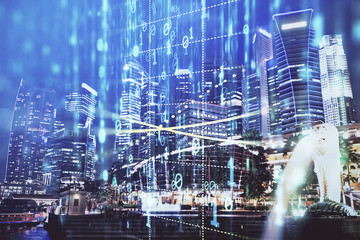 Fototapeta na wymiar Data theme hologram drawing on city view with skyscrapers background multi exposure. Ai concept.