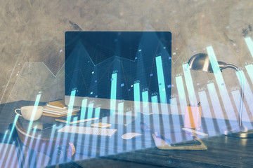 Multi exposure of forex chart and work space with computer. Concept of international online trading.