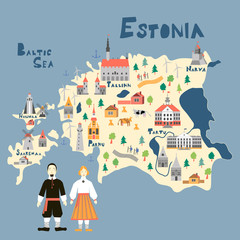 Illustration map of Estonia with nature, animals and landmarks.