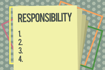 Word writing text Responsibility. Business concept for Having control over someone Act of being accountable.