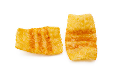 Fried wheat-potato snack with smoked bacon flavor isolated on white background