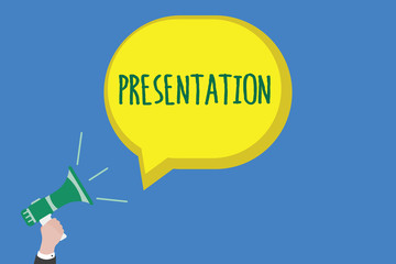 Writing note showing Presentation. Business photo showcasing Speech or talk in which a new product demonstrating idea work is shown.