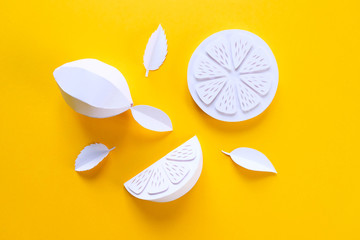 Lemon, cut from paper. The concept of a squeezed lemon, white lemon juice