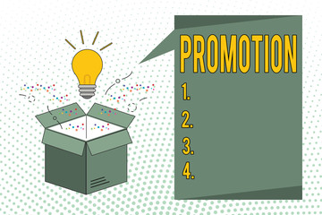 Writing note showing Promotion. Business photo showcasing Activity supporting a cause Advertising Advance in rank Sale.