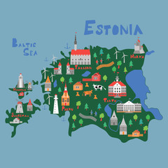 Illustration map of Estonia with nature, animals and landmarks.