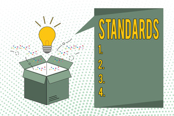 Writing note showing Standards. Business photo showcasing Level of quality Guideline Measure Example Model to follow.