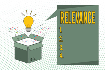 Writing note showing Relevance. Business photo showcasing Being closely connected Appropriate Important information.