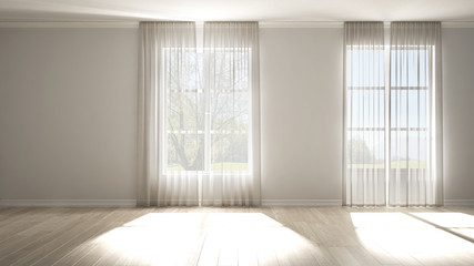 Fototapeta premium Stylish empty room with panoramic windows, parquet wooden floor, classic shutters, white curtains. White background with copy space, interior design concept. Green meadow landscape