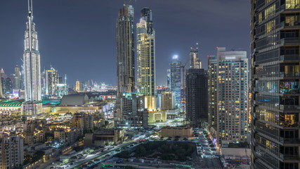 Beautiful skyline of Dubai downtown and Business bay with modern architecture night timelapse.