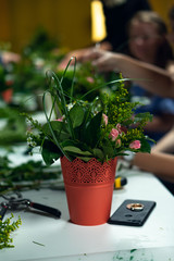 Floral decoration, bucket of flowers, beautiful job.