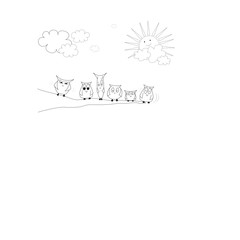 Coloring book page for kids. Cute owls on a branch. Sun. clouds. outline of cartoon character