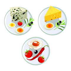 Vector concept of breakfast in cartoon style. On a plate dairy products, cheese, eggs and tomatoes. Concept for breakfast menu, cafe, restaurant. Logo design template. Food background.
