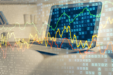 Forex market graph hologram and personal computer on background. Double exposure. Concept of investment.