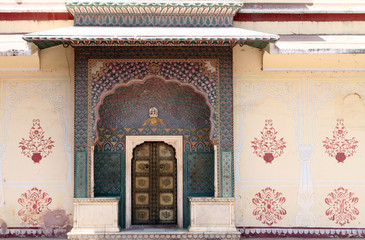 An ornate doorway inside the City Palace in Jaipur, India