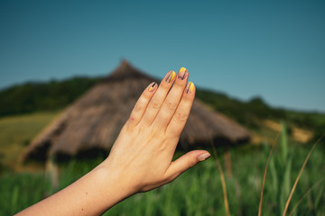 Colorful nails being held in front of a nature landscape