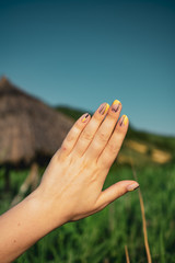 Colorful nails being held in front of a nature landscape