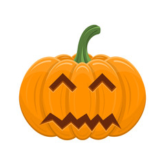 Halloween pumpkin isolated on white background. Cartoon orange pumpkin with smile, funny face. The main symbol of the Halloween, autumn holidays. Vector illustration for any design.