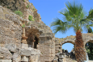 Old walls of the Roman amphitheater in the city of Side.
