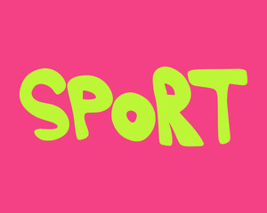 Sport - green, yellow handmade vector lettering, simple hand sketched typography. Badge, icon, banner, tag. Workout, gym, fitness, health, lifestyle vector illustration isolated on pink background