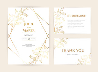 Fototapeta na wymiar Luxury Wedding invitation cards with gold geometric polygonal lines vector design template. eps10