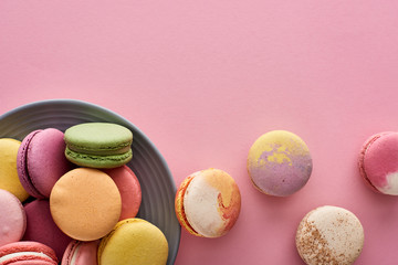 plate with multicolored tasty French macaroons on pink background