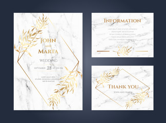 Luxury Marble Wedding invitation cards with gold geometric polygonal lines vector design template. eps10