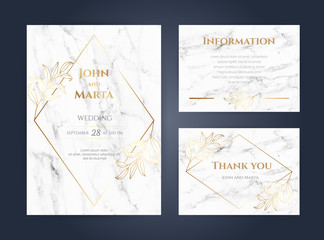 Luxury Marble Wedding invitation cards with gold geometric polygonal lines vector design template. eps10