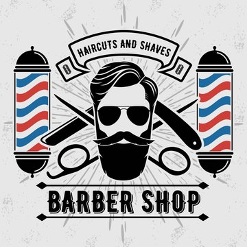 Barber shop poster, banner template with hipster face. Vector illustration