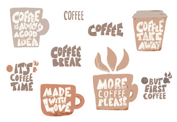 Coffee cups with quotes. Vector illustration.