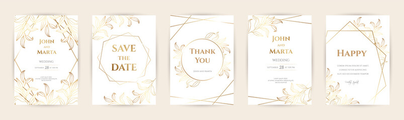 Obraz na płótnie Canvas Luxury Wedding invitation cards with gold geometric polygonal lines vector design template. eps10