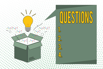 Writing note showing Questions. Business photo showcasing Interrogative expression Requesting answers Asking for solutions.